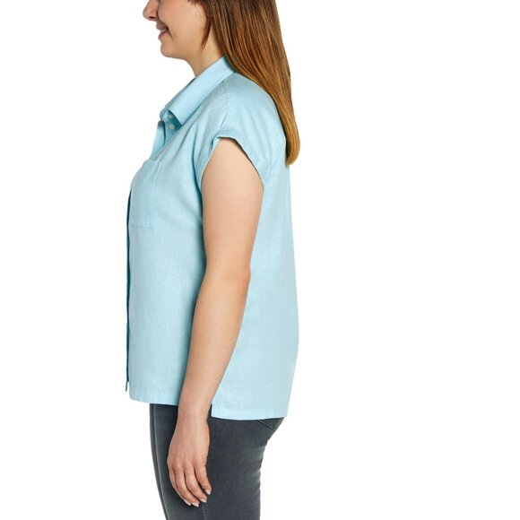 NEW Orvis Short Sleeve Rolled Cuffed Tacked Solid Front Linen Blend Shirt Top 14 - Picture 3 of 4